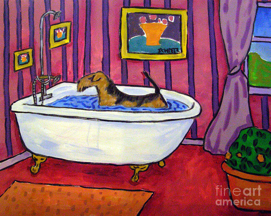 Dog Painting - Airedale Terrier Taking a Bath by Jay  Schmetz