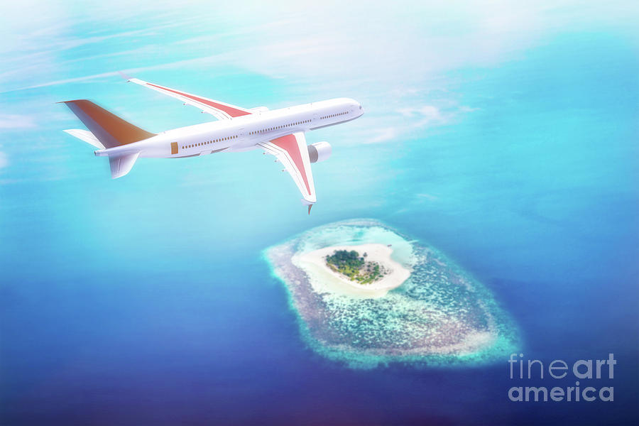 Airplane flying over Maldives islands on Indian Ocean. Travel Photograph by Michal Bednarek