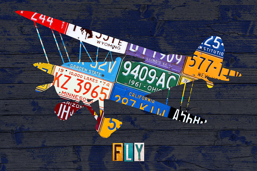 Vintage Mixed Media - Airplane Vintage Biplane Silhouette Shape Recycled License Plate Art on Blue Barn Wood by Design Turnpike