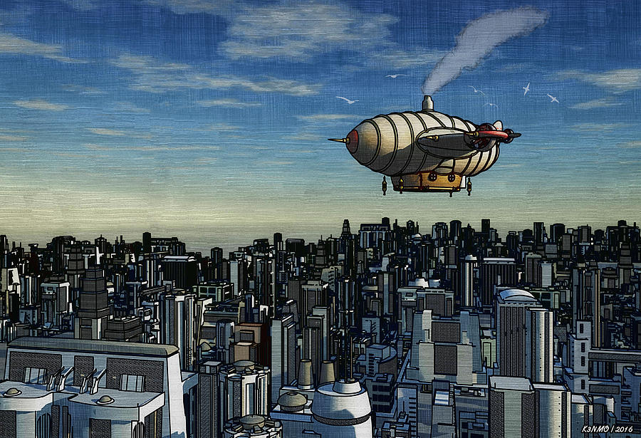 Airship Over Future City Digital Art by Ken Morris