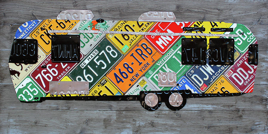 Vintage Mixed Media - Airstream Camper Trailer Recycled Vintage Road Trip License Plate Art by Design Turnpike