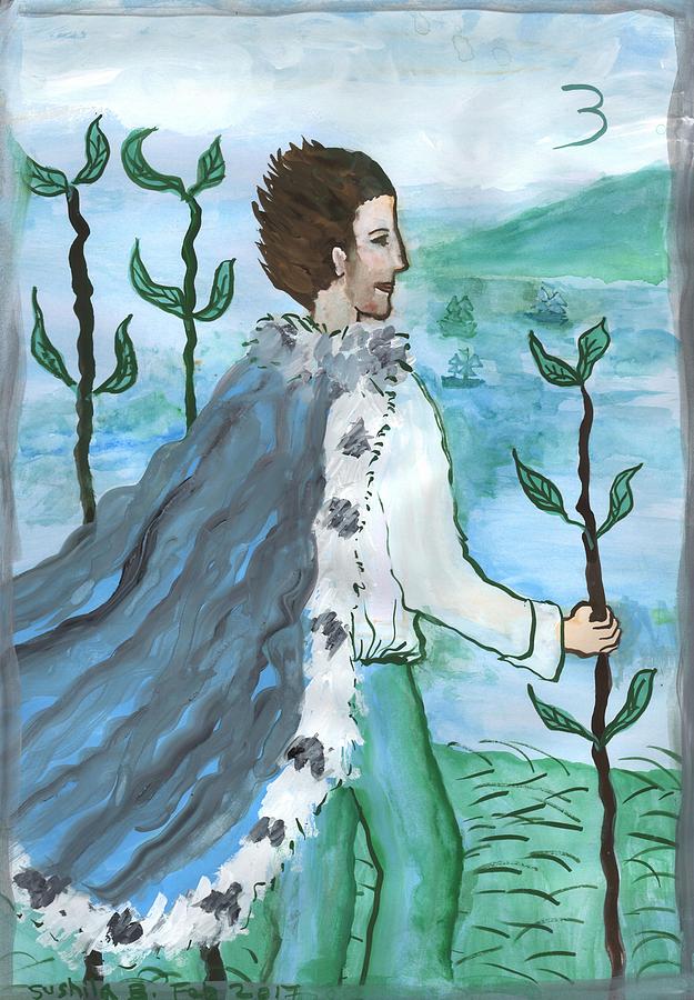 Tarot Painting - Airy Three of Wands Illustrated by Sushila Burgess Tarot Painting - Airy Three of Wands Illustrated by Sushila Burgess