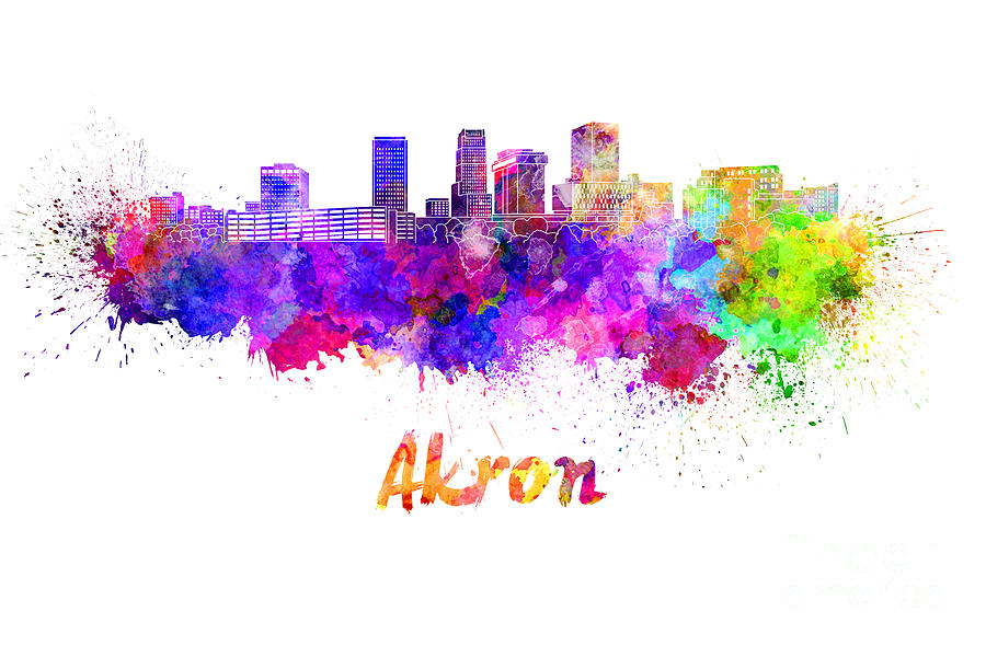 Akron OH skyline in watercolor Painting by Pablo Romero