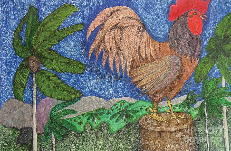 Rooster Painting - Al Cantio del Gallo The Sing Song of the Rooster from the Charivary Series by Chary Castro-Marin