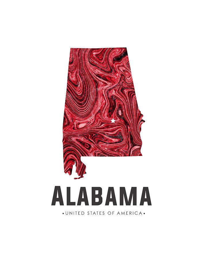 Alabama Map Art Abstract in Red Mixed Media by Studio Grafiikka