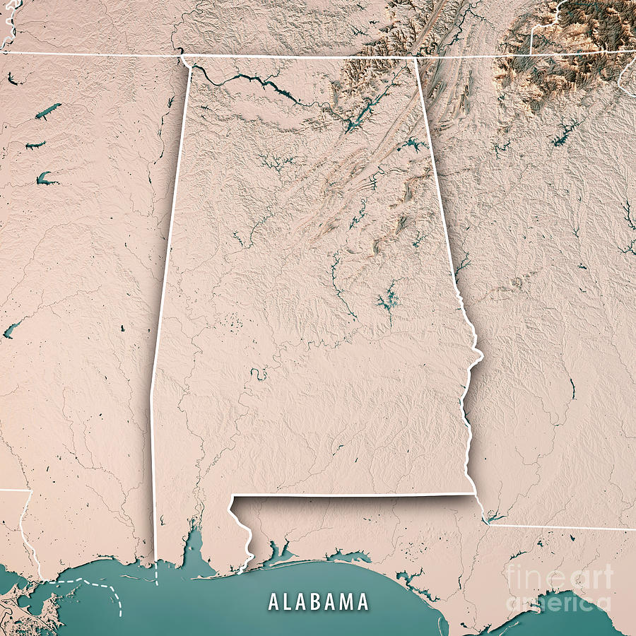 Alabama State USA 3D Render Topographic Map Neutral Border Digital Art by Frank Ramspott Fine