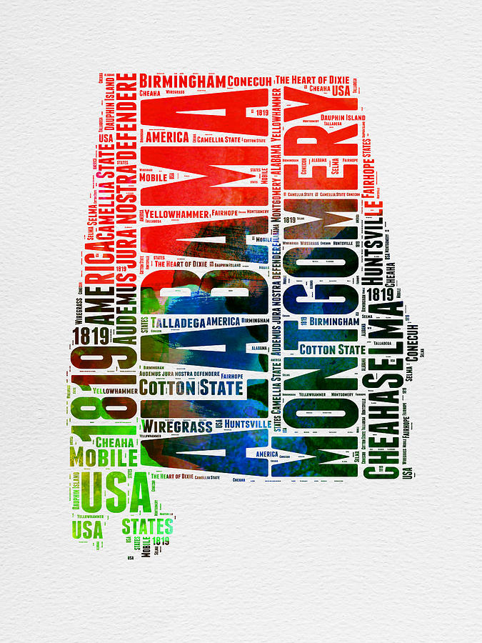 Alabama Map Digital Art - Alabama Watercolor Word Cloud  by Naxart Studio