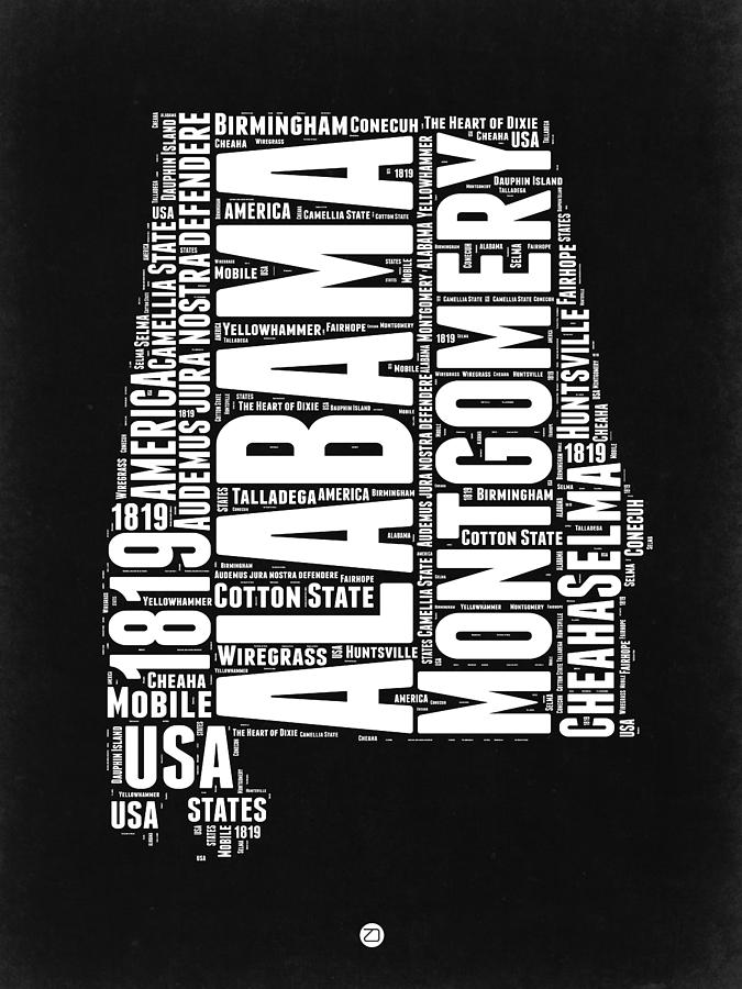 Us State Map Digital Art - Alabama Word Cloud Black and White Map by Naxart Studio
