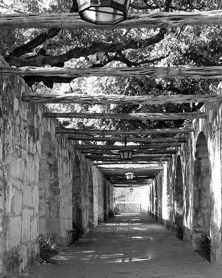 Black And White Photograph - Alamo Corridor by Debbie Karnes
