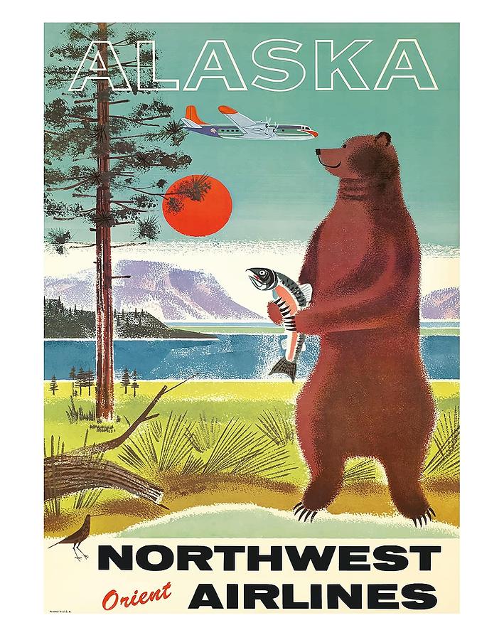 Salmon Digital Art - Alaska Kodiak Brown Grizzly Bear Vintage Airline Travel Poster by Retro Graphics