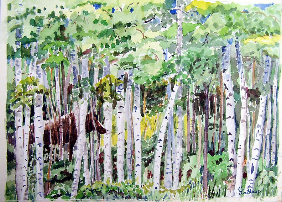 Alaska - Moose in Birches Painting by Christine Lathrop