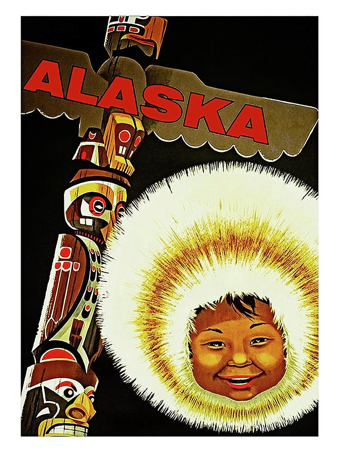 Vintage Painting - Alaska, smiling Eskimo with totem by Long Shot