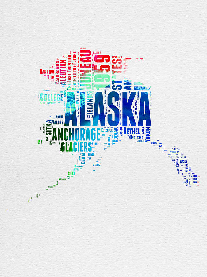 Alaska Map Digital Art - Alaska Watercolor Word Cloud  by Naxart Studio