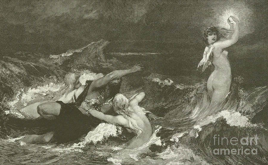 Mermaid Drawing - Alberichs pursuit of the Nibelungen Ring by Hans Makart