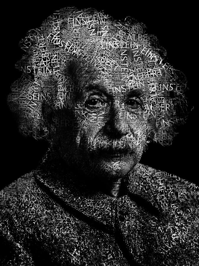 Albert Einstein Digital Art - Albert Einstein Text Portrait - Typographic face poster with the published scientific article names by SP JE Art
