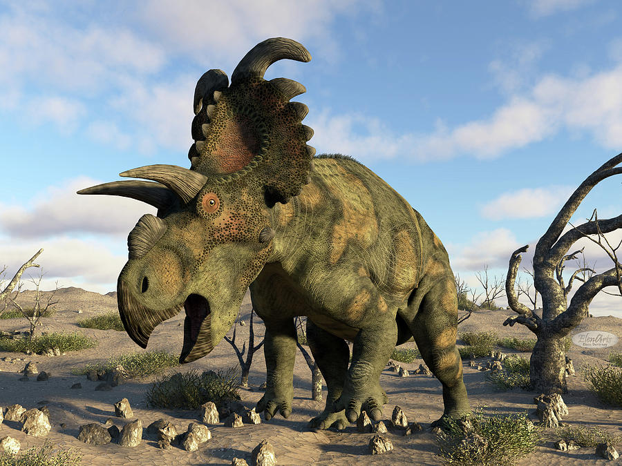 Prehistoric Digital Art - Albertaceratops dinosaur in the desert - 3D render by Elenarts - Elena Duvernay Digital Art