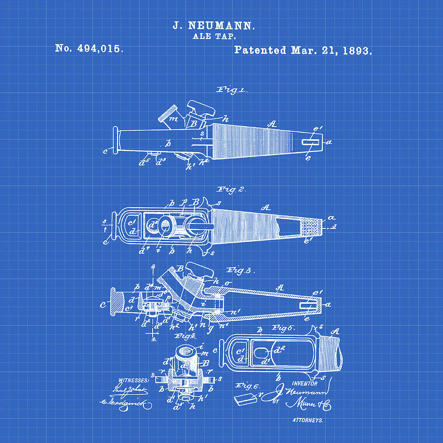Ale Tap Patent 1893 in Blueprint Photograph by Bill Cannon