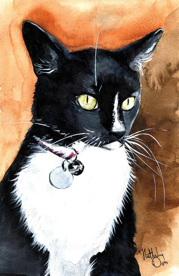 Alert Tuxedo Cat Portrait Painting by Dora Hathazi Mendes