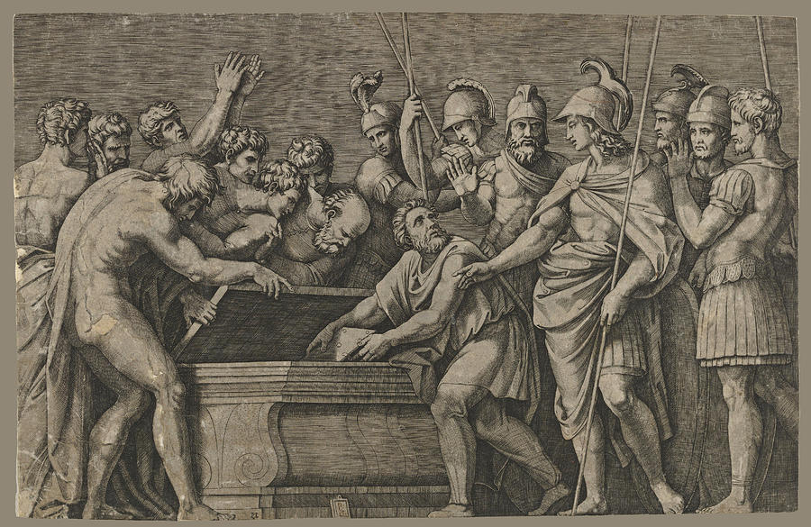 Alexander the Great commanding that the work of Homer be placed in the tomb of Achilles Drawing by Marcantonio Raimondi