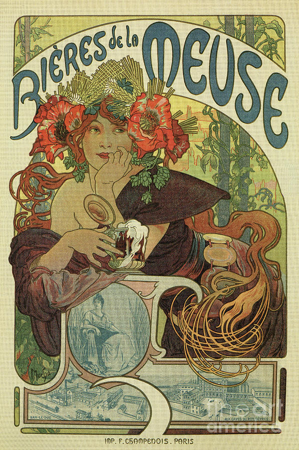 Alfons Mucha Art Nouveau Beer Ad Drawing