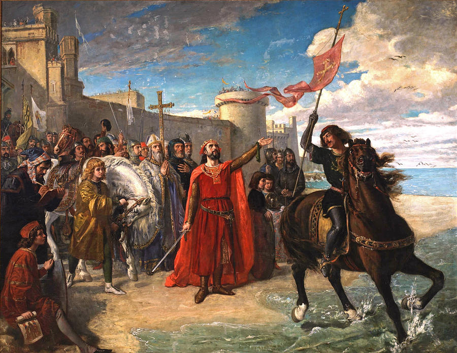 Alfonso X taking possession of the sea after the conquest of Cadiz Painting by Matias Moreno