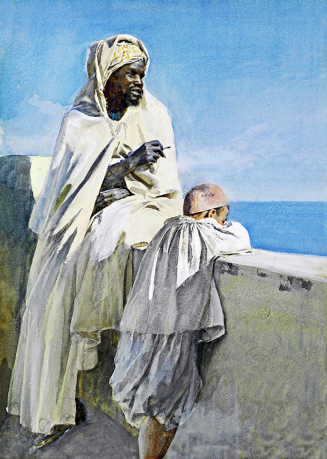 Algerian Man and His Son Painting by Munir Alawi