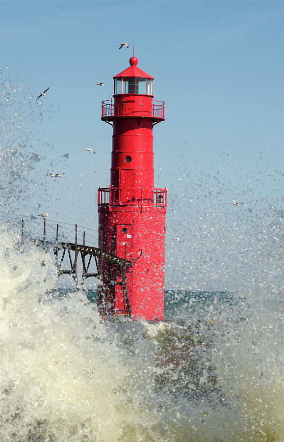 Lake Michigan Photograph - Algoma Lighthouse _ Splashed By A Wave by Janice Adomeit