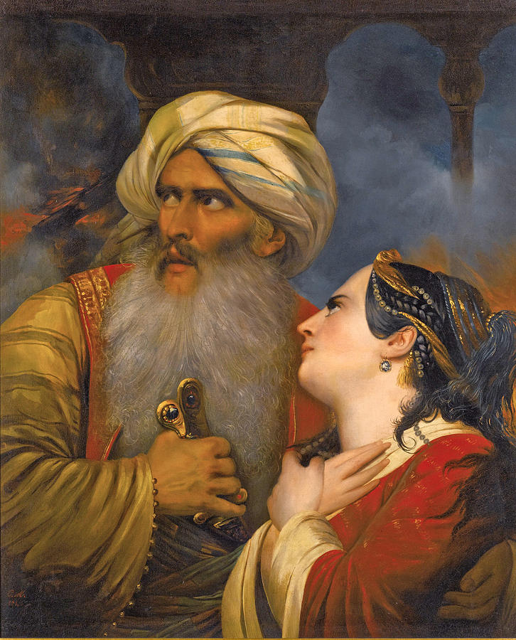 Ali Pasha with his favourite mistress Kira Vassiliki Painting by Raymond Monvoisin