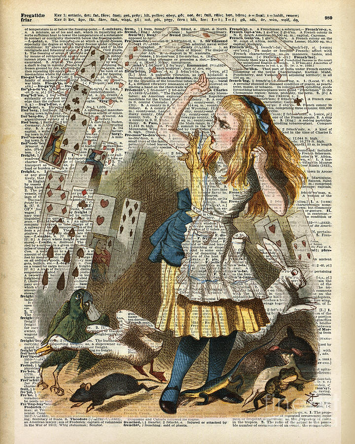 Alice In The Wonderland Drawing - Alice in the wonderland on a vintage dictionary book page by Anna W