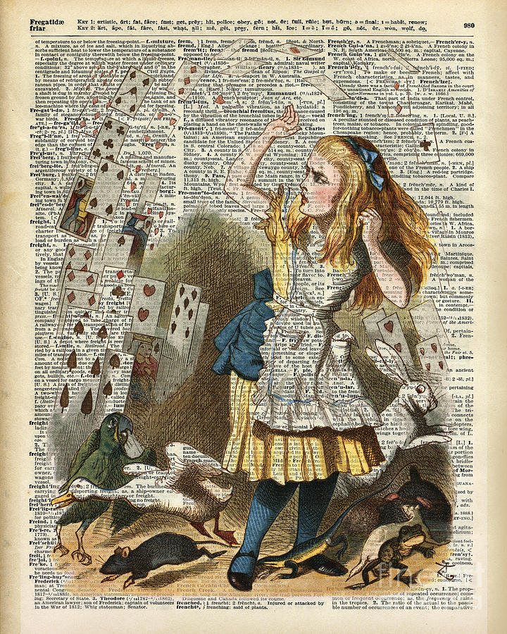 Vintage Drawing - Alice in the wonderland on a vintage dictionary book page by Anna W