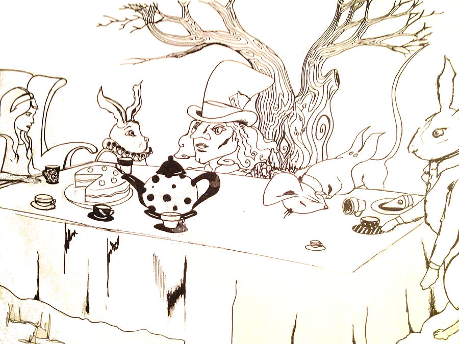 tea party alice in wonderland drawing