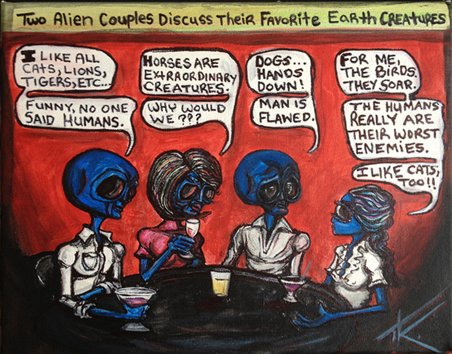 Alien couples discuss the Earths creatures over drinks Painting by Similar Alien
