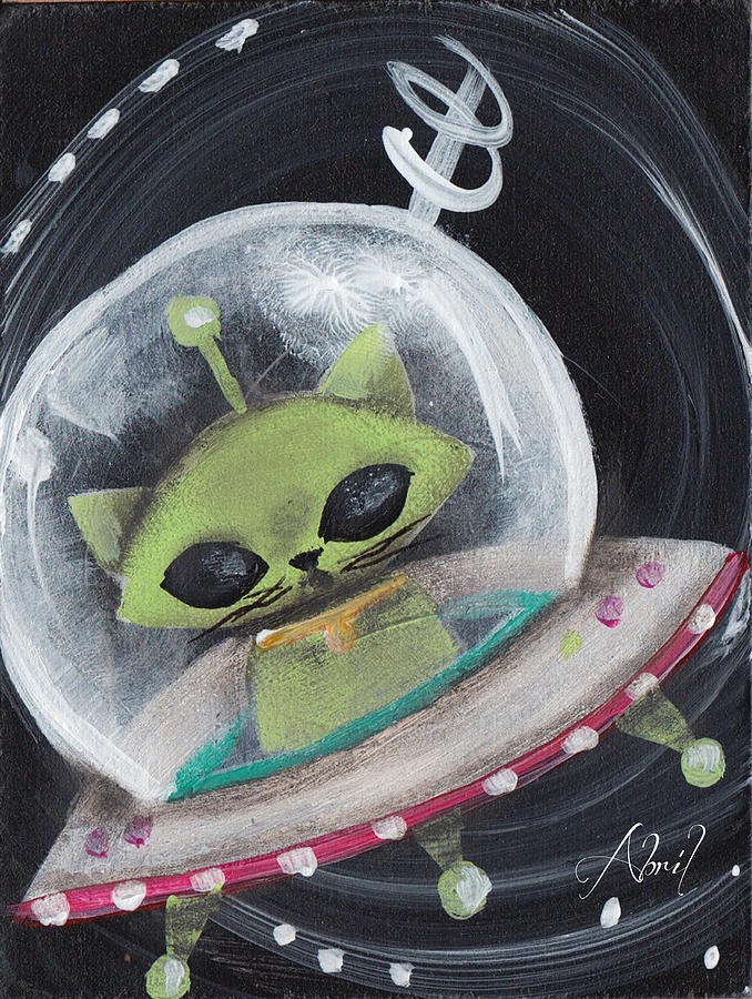 Alien Green Space Cat Painting by Abril Andrade
