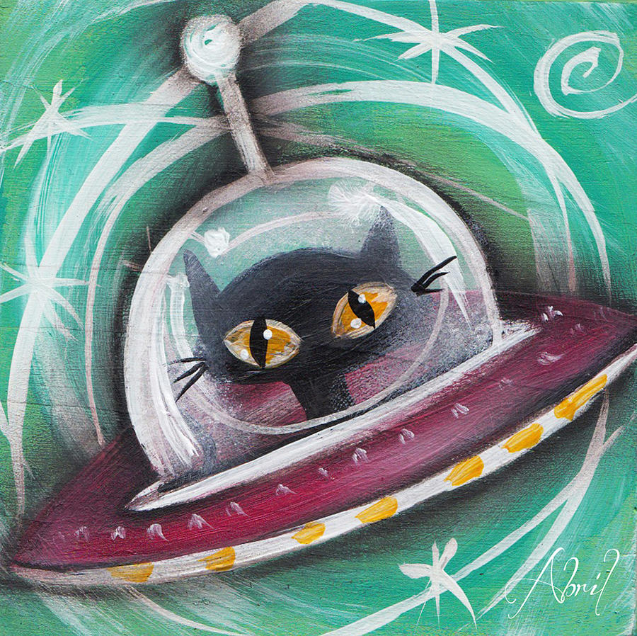 Alien saucer Black Space Cat  Painting by Abril Andrade