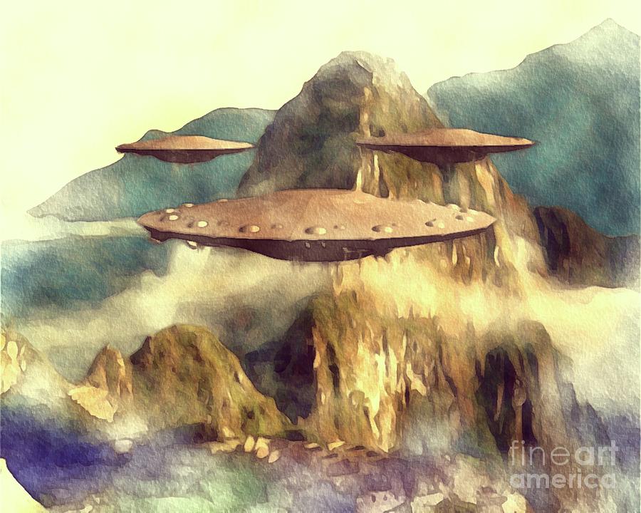 Alien UFOs Over Machu Picchu Painting by Esoterica Art Agency