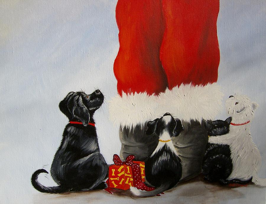 All the Fur Kids Love Santa Painting by Debra Campbell