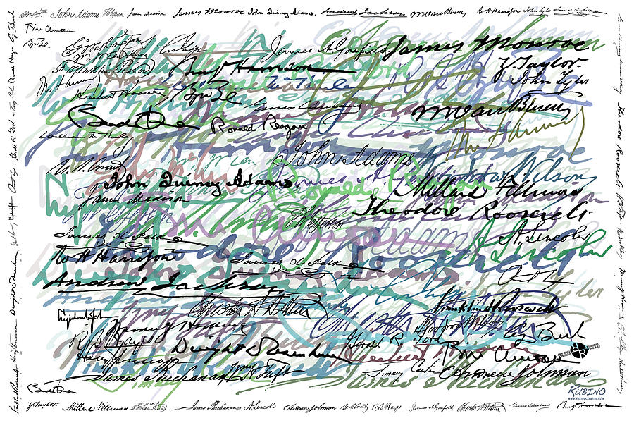 All The Presidents Signatures Teal Blue Painting by Tony Rubino