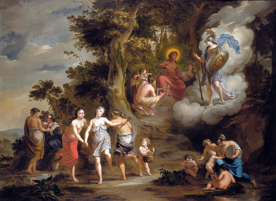 Pallas Athene Visiting Apollo on the Parnassus Painting by Arnold Houbraken