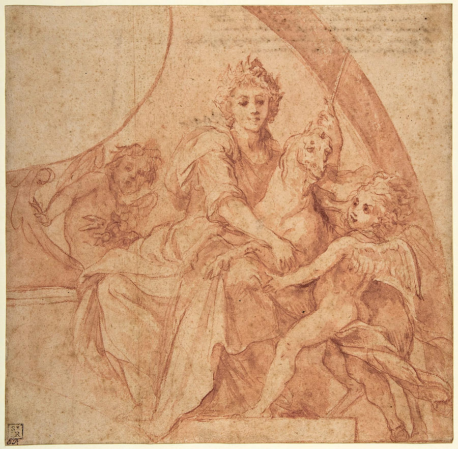 Allegorical Figure of Purity with a Unicorn and Two Putti Drawing by Baldassare Franceschini