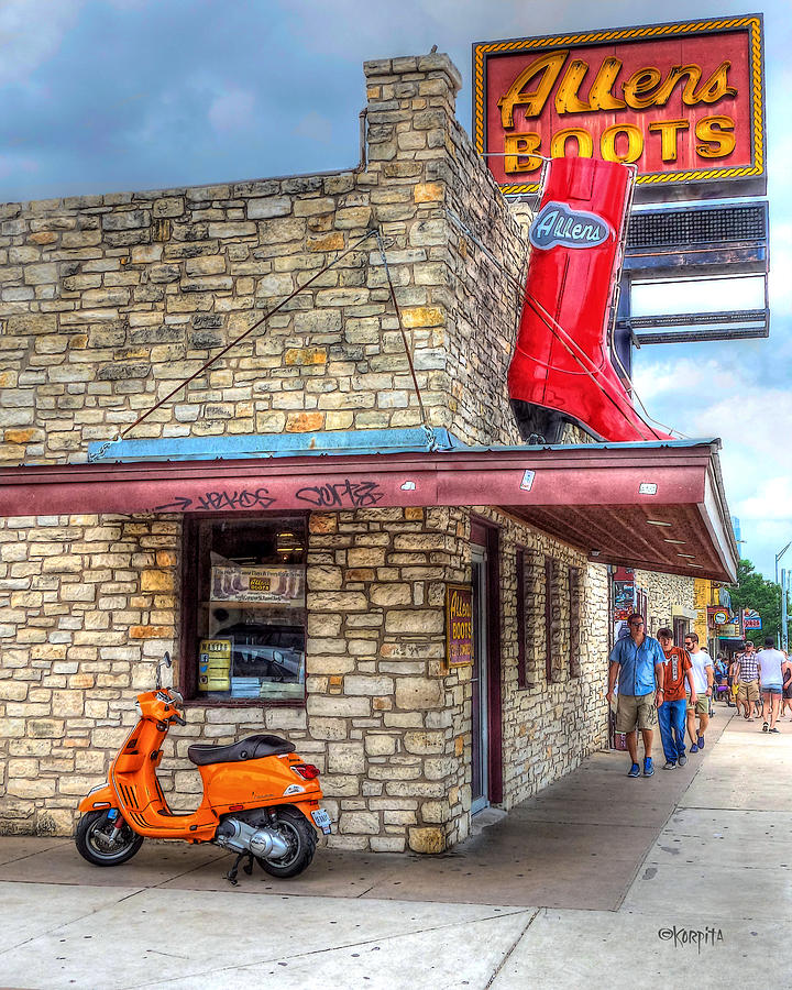Allen Boot Store Austin TX - Vespa Scooter Photograph by Rebecca Korpita