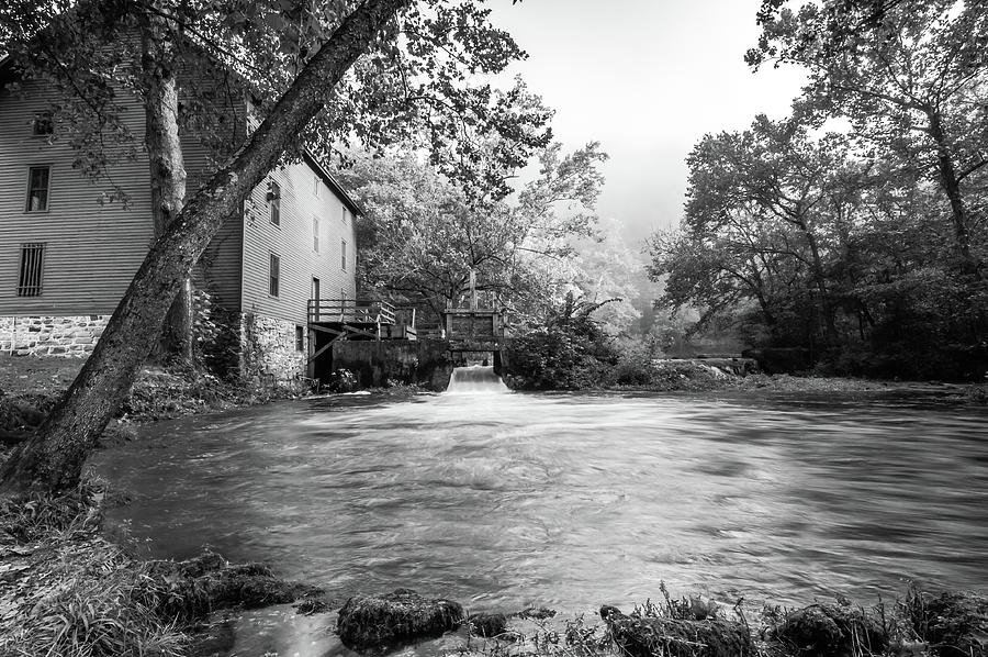 Alley Spring Water Mill in Missouri - Black and White  Photograph by Gregory Ballos