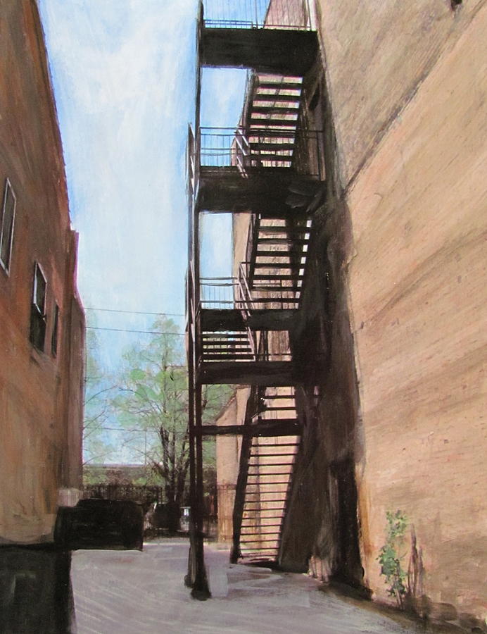 Architecture Mixed Media - Alley w fire escape by Anita Burgermeister