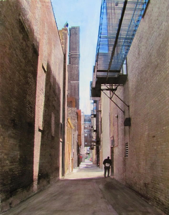 Alley w guy reading Mixed Media by Anita Burgermeister