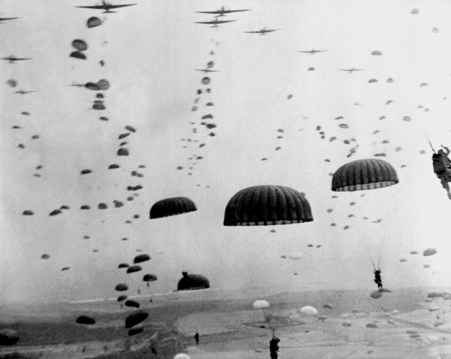 Parachuting Photograph - Allied Airborne Troops Parachuting During WWII by War Is Hell Store