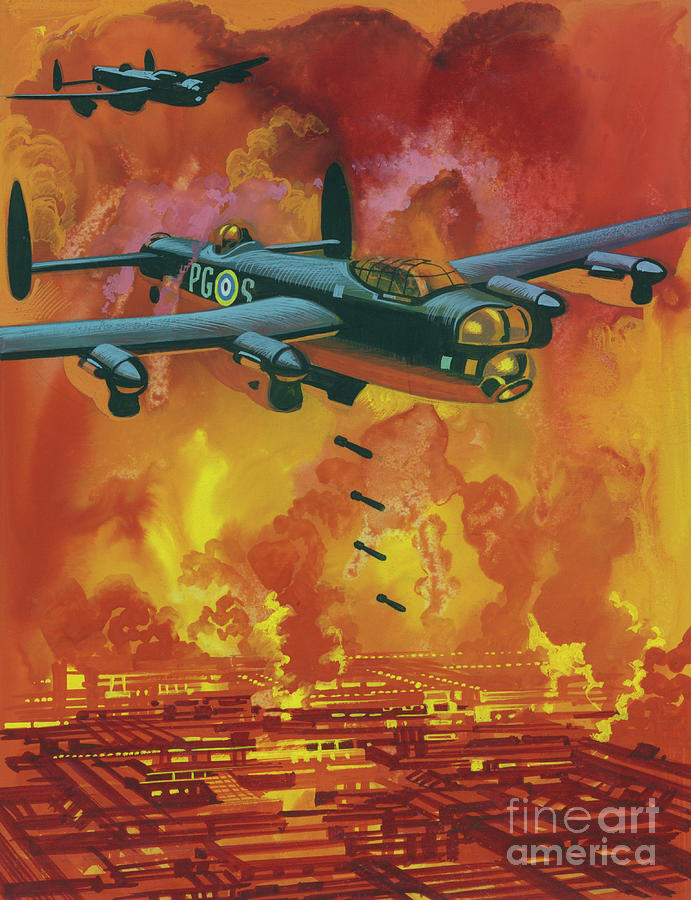 Allied Bombers attacking the research station in which the Germans were working on poisonous gas Painting by Ron Embleton