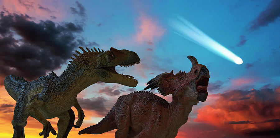 Allosaurus And Styracosaurus Battle As The Comet Approaches Digital Art