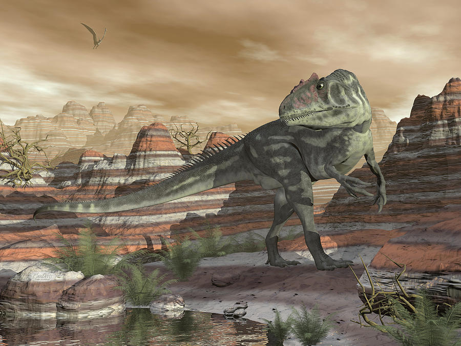 Allosaurus dinosaur in the desert - 3D render Digital Art by Elenarts ...