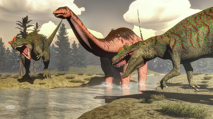 Allosaurus hunting big brontosaurus dinosaur - 3D render Digital Art by ...