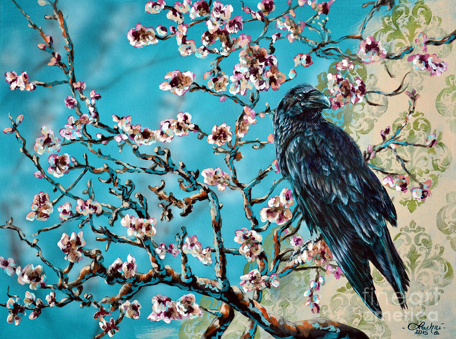 Almond Branch and Raven Painting by Lachri