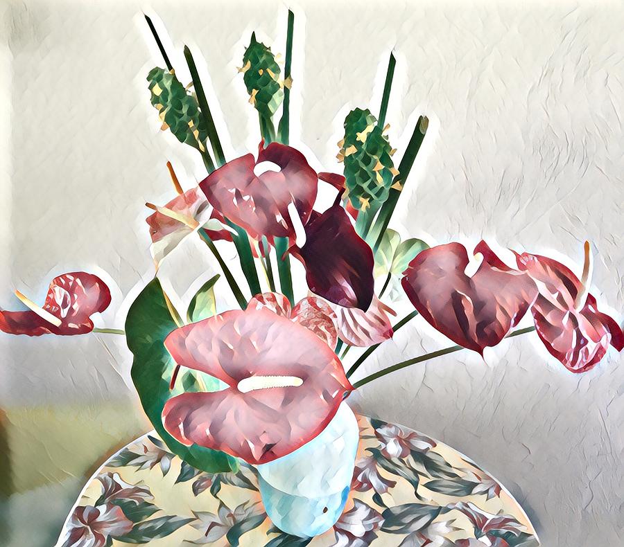 Aloha Bouquet of the Day - Anthuriums and Green Ginger in Pale Photograph by Joalene Young